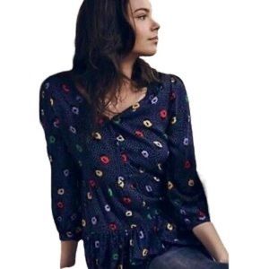 Maeve Anthropologie‎ XL Lila Tiered Button Polka Dot Top Shirt Peasant Blouse